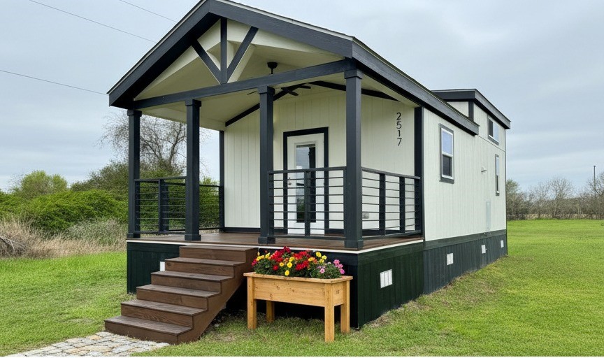 Modern tiny house with a gabled porch, wooden steps, and railing. Vibrant flowers in a planter add color. Set on lush green grass under a cloudy sky.