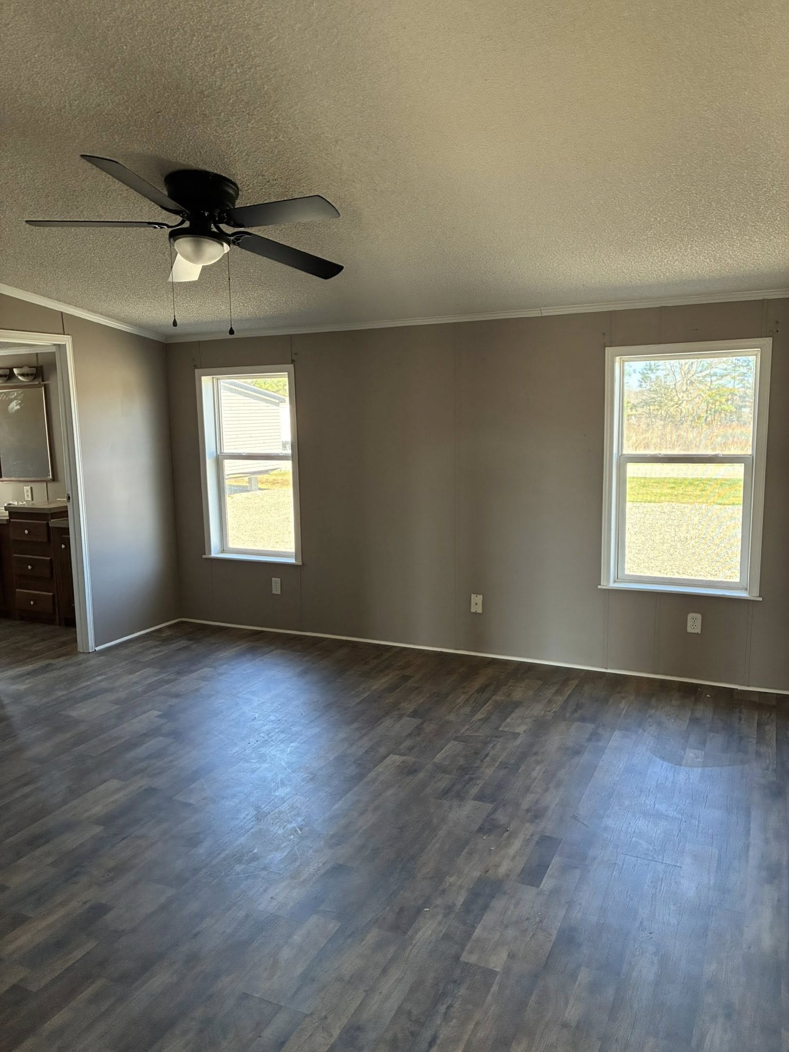 Empty room with dark wood flooring, light gray walls, two windows, and a black ceiling fan. The room is bright, with natural light creating a calm atmosphere.