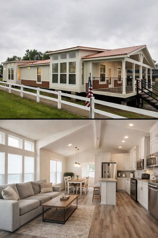 Split image: Top shows a modern mobile home with a porch and white fence; bottom depicts a cozy, open-plan living room and kitchen with light decor.
