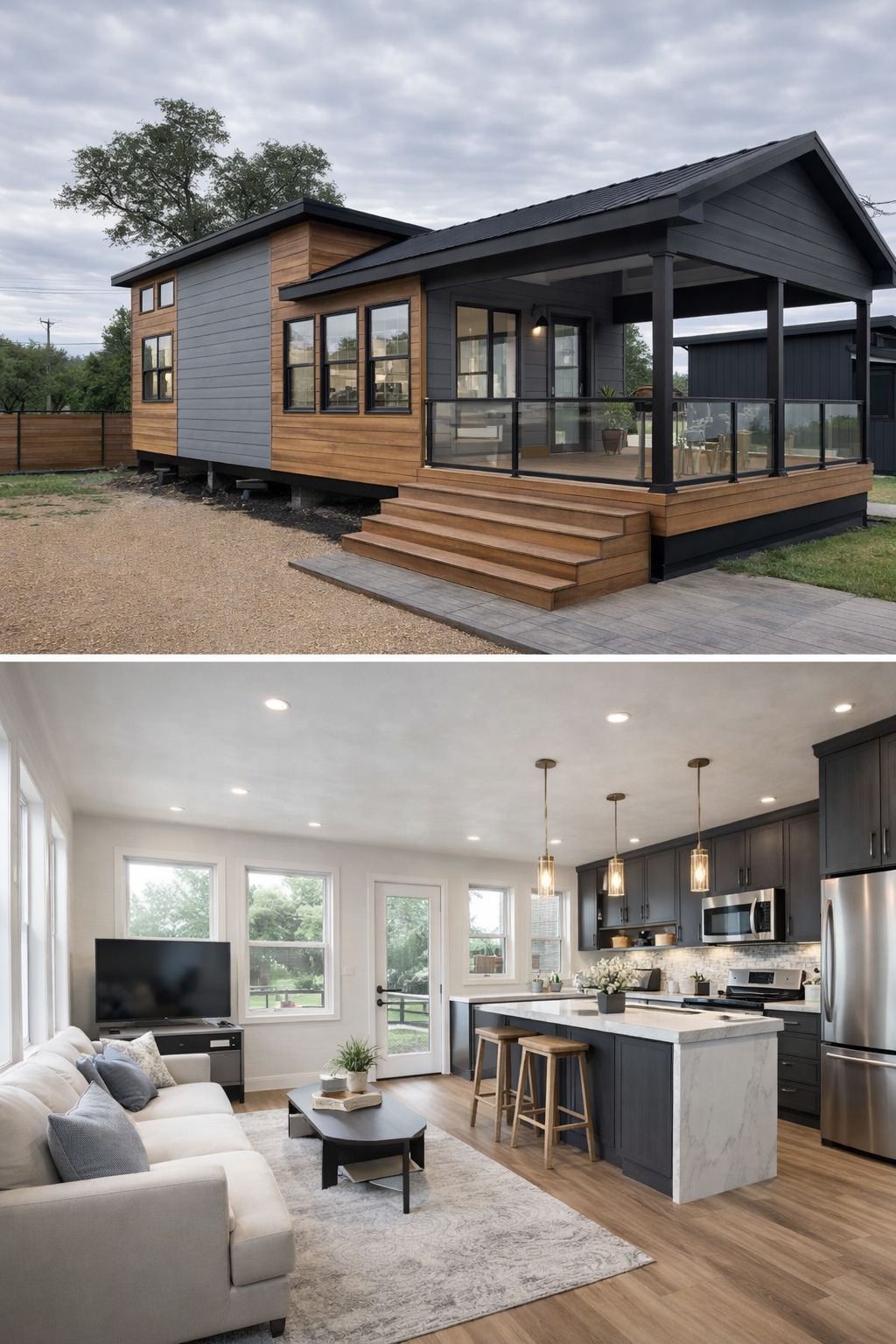 Modern tiny house exterior with wood and gray paneling, a porch, and wide steps. Interior shows a cozy living room and sleek kitchen with a warm, inviting ambiance.