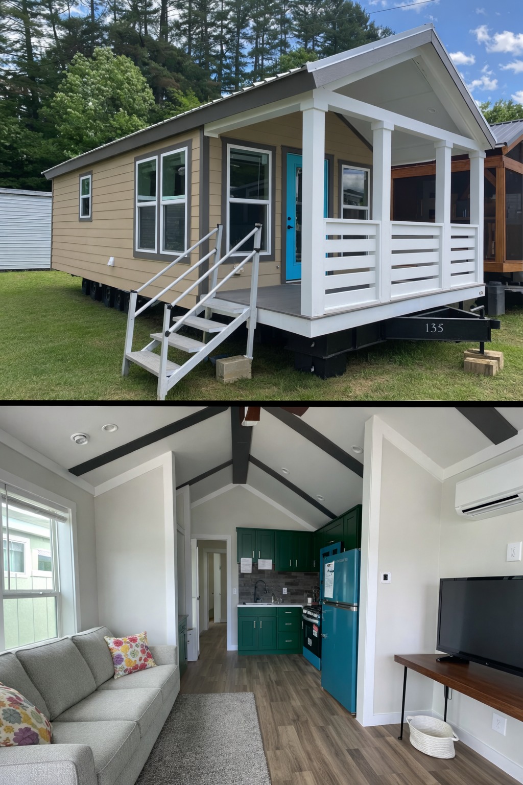 Alt text: "Two images of a small house. The top shows the exterior, a beige tiny house with a blue door, white porch, and steps. The lower image reveals a cozy interior with a sofa, TV, and a compact kitchen featuring green cabinets and wooden flooring."