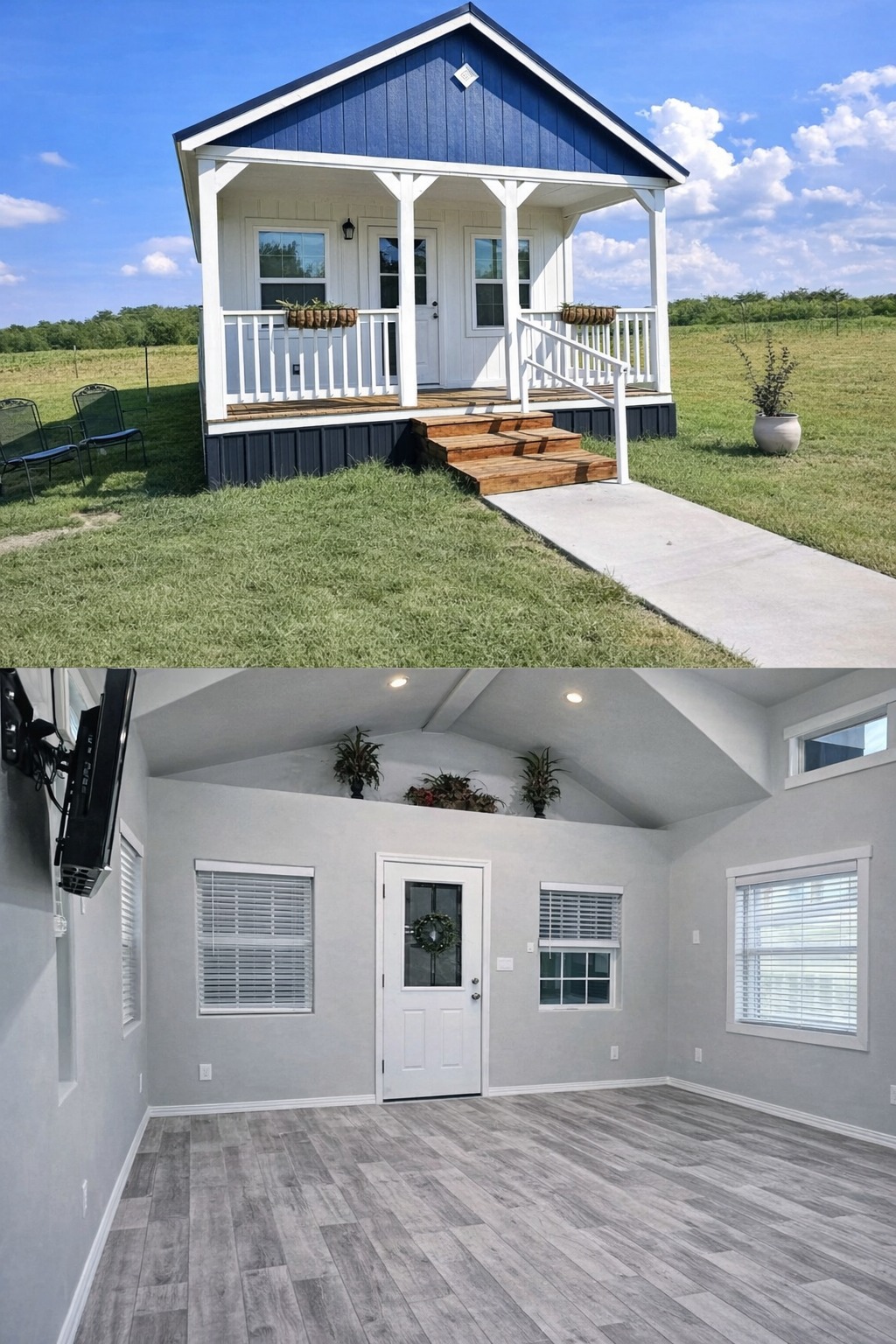 Alt text: "A tiny blue and white house with a porch on a grassy field under a blue sky. Inside, a minimalist room with light gray walls, wooden floors, and ceiling plants conveys a cozy, modern atmosphere."