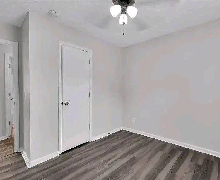 Empty room with light gray walls, dark wood flooring, and a white door on the left. A ceiling fan with lit bulbs hangs above, creating a clean, minimalistic feel.