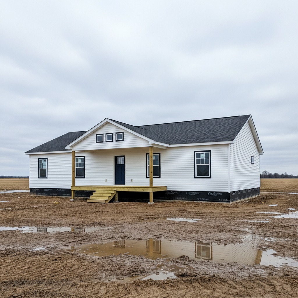 A newly built, single-story white house with a dark roof sits alone on a muddy, overcast field. Puddles reflect the cloudy sky, creating a tranquil atmosphere.