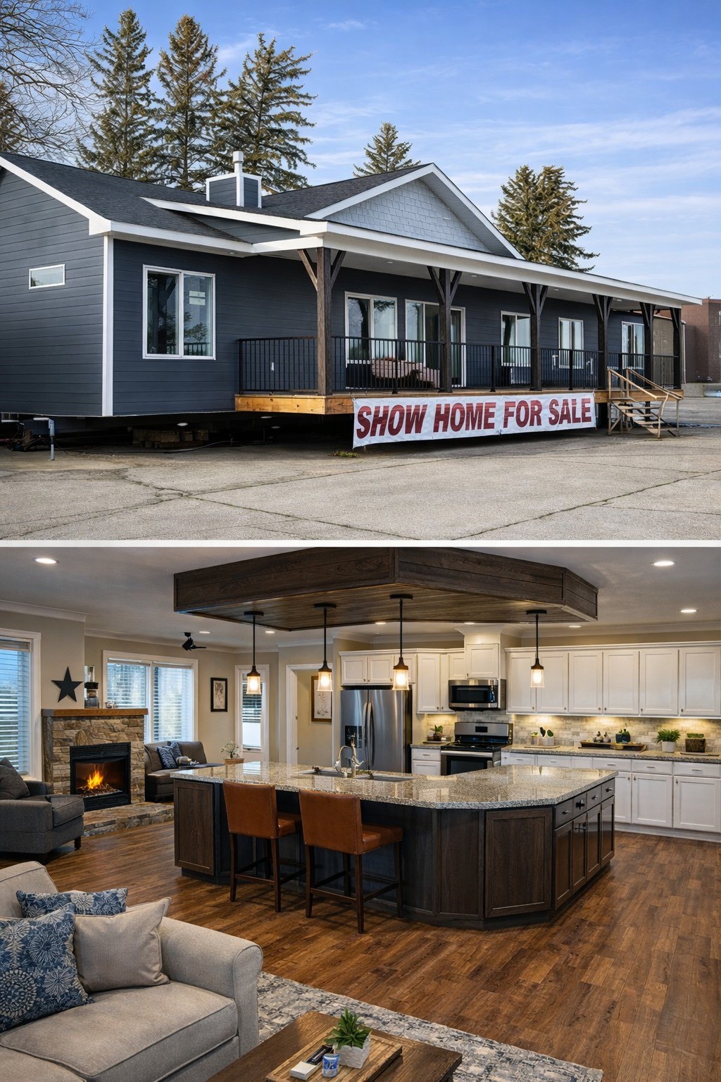 Top image: A modern dark gray show home with a "For Sale" sign, set on a lot with trees in the background. Bottom image: Spacious interior featuring an open-plan kitchen with a large island, pendant lights, and cozy living area with a fireplace.