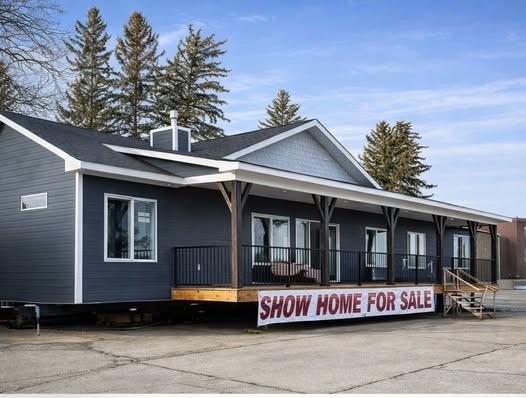 A modern, dark gray show home with a gabled roof, large windows, and a porch is displayed against a clear sky. A banner reads "Show Home For Sale."