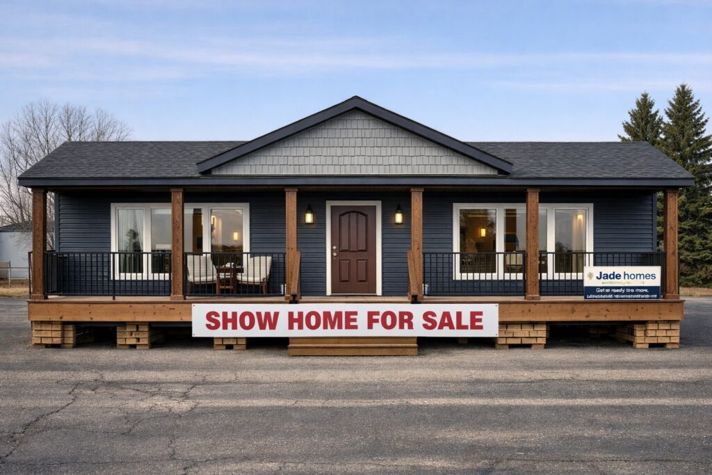 A navy blue modular home on display with a central porch and two lit windows. A large sign reads "Show Home for Sale." Forested background on a clear day.