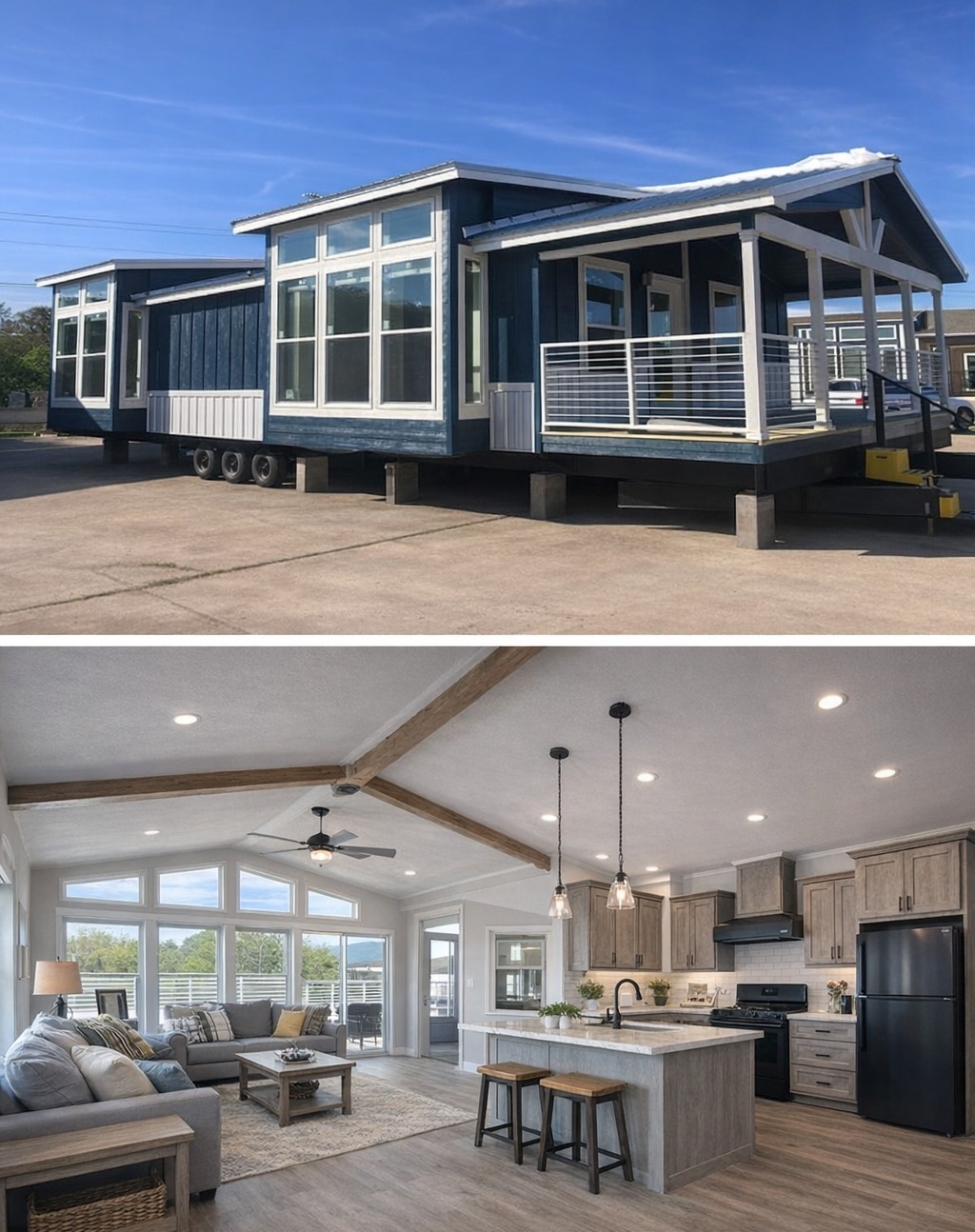Top image: A modern blue mobile home with large windows and a small porch on a sunny day. Bottom image: A spacious, stylish open-plan living room and kitchen with light wood accents, cozy seating, and pendant lights.