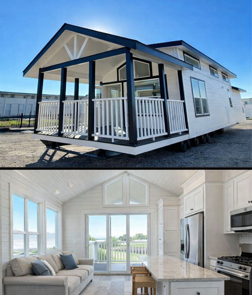 Double image: top shows a modern tiny house with a black and white porch under a bright sky; bottom shows a bright, airy interior with a cozy living space, kitchen, and large windows overlooking greenery.