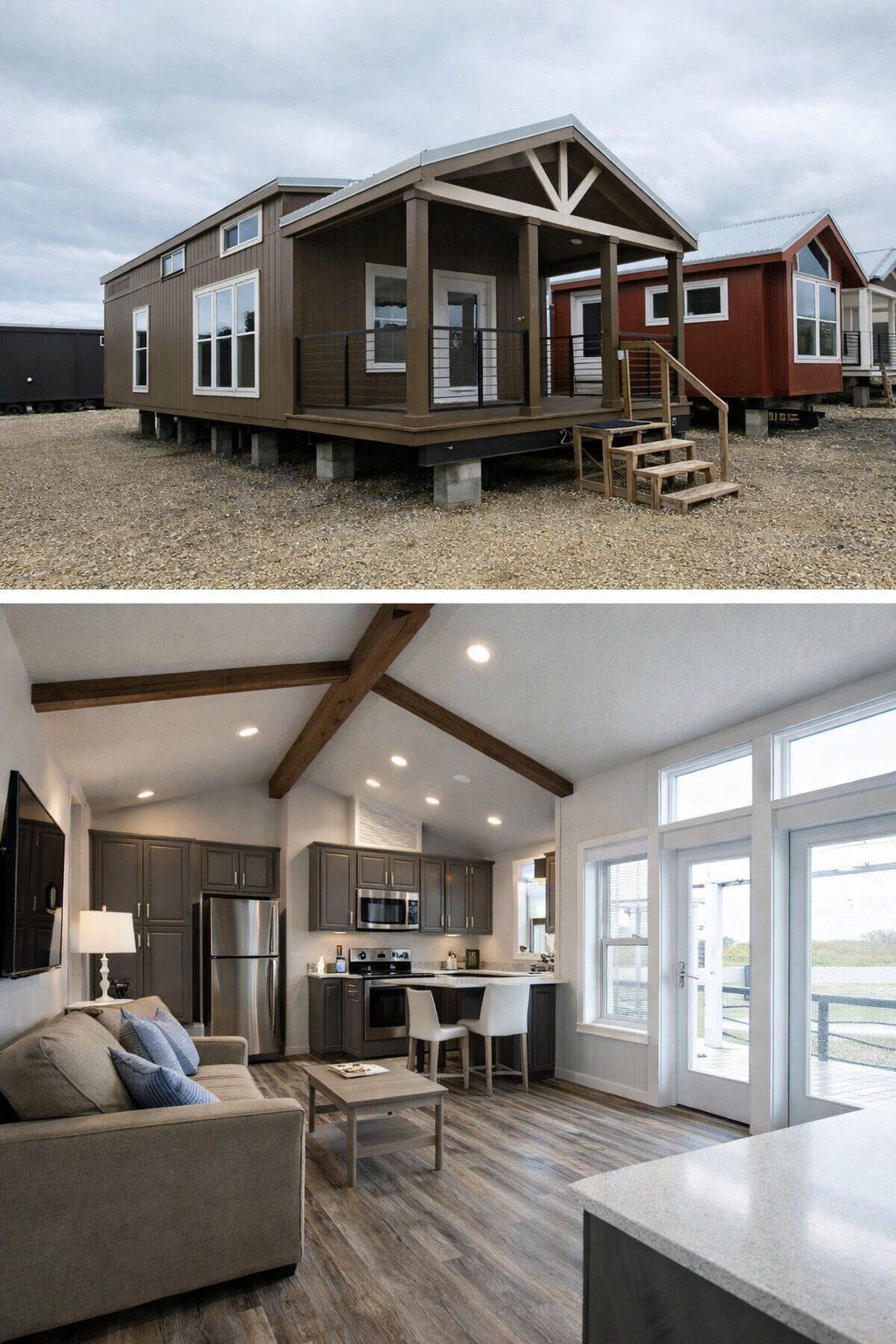 Two images: A small, modern brown cabin with a porch on gravel. Inside, a cozy living area with wooden beams, modern kitchen, and bright decor.