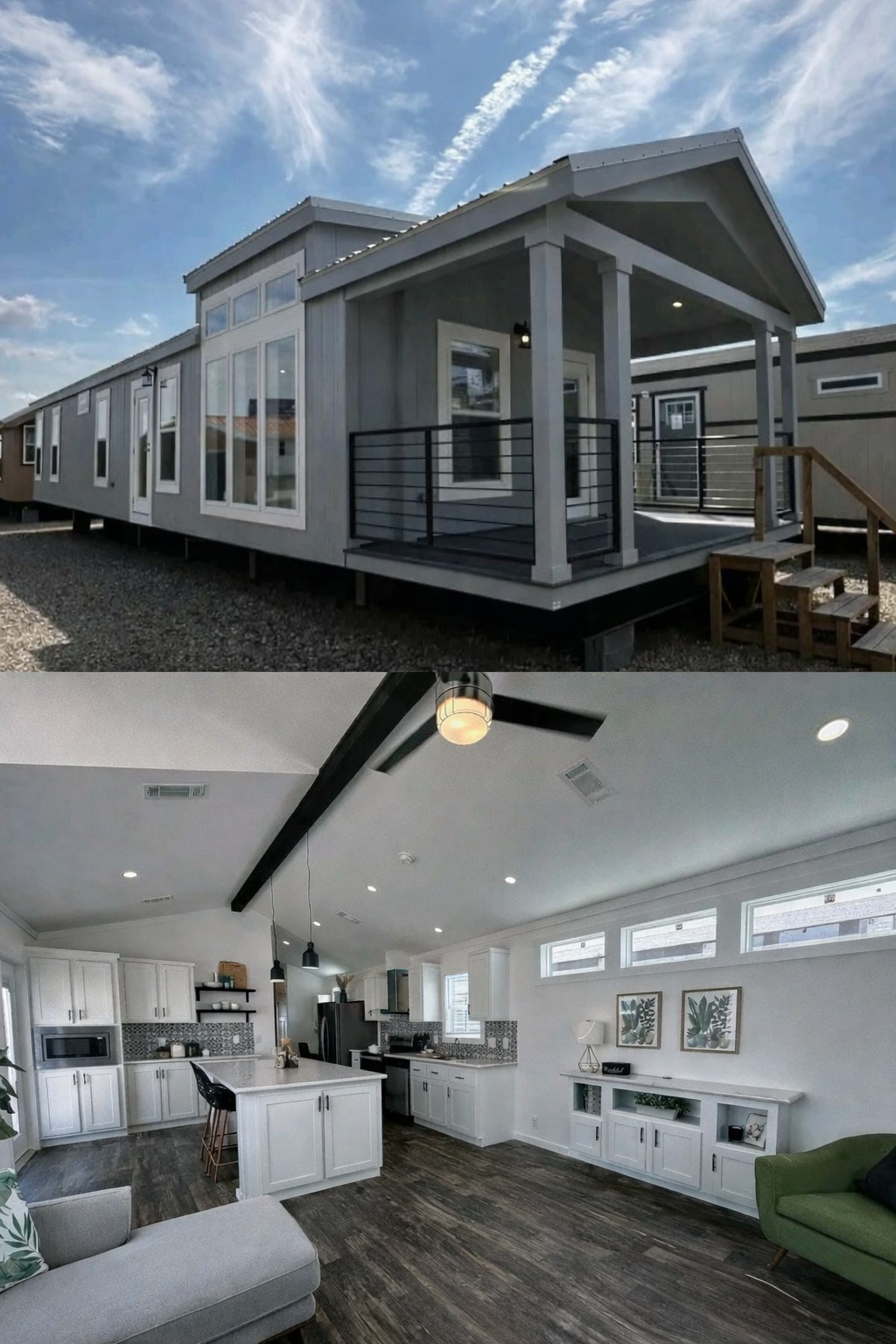 Modern tiny home with a gray exterior and large windows, set against a blue sky. Inside, an open-plan living area with sleek décor and wood flooring.