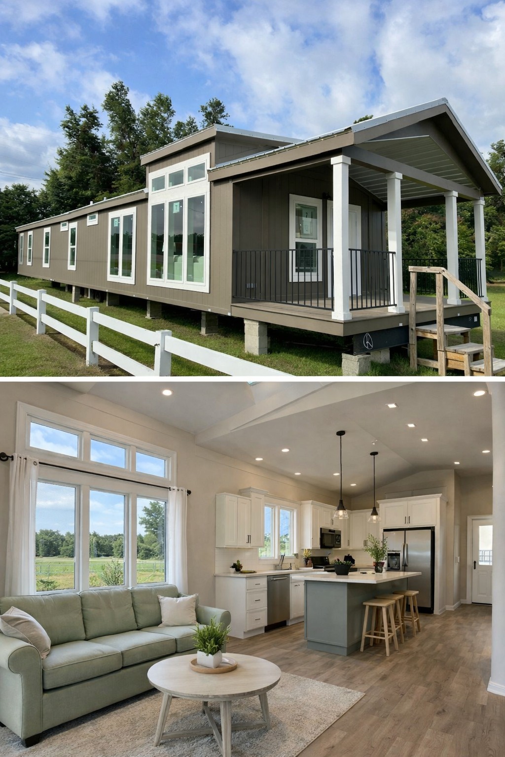 Modern manufactured home with a raised front porch and large windows. Inside, a cozy living area with a green sofa, open kitchen, and ample sunlight.