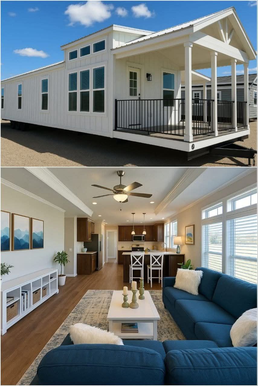A modern tiny house with white siding and a cozy porch appears under a blue sky. The interior displays a stylish open living space with a blue sofa, wood flooring, and a kitchen area with bar stools, exuding a welcoming and airy feel.