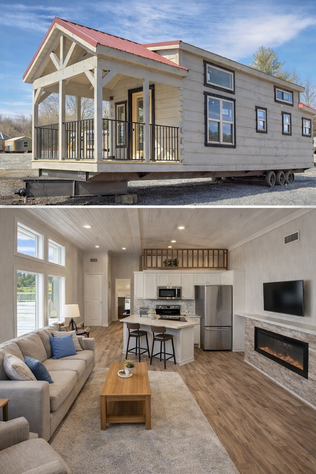 Modern tiny house with a red roof, large windows, and a cozy porch. Inside, it has a bright living room, kitchen, and fireplace, conveying warmth.