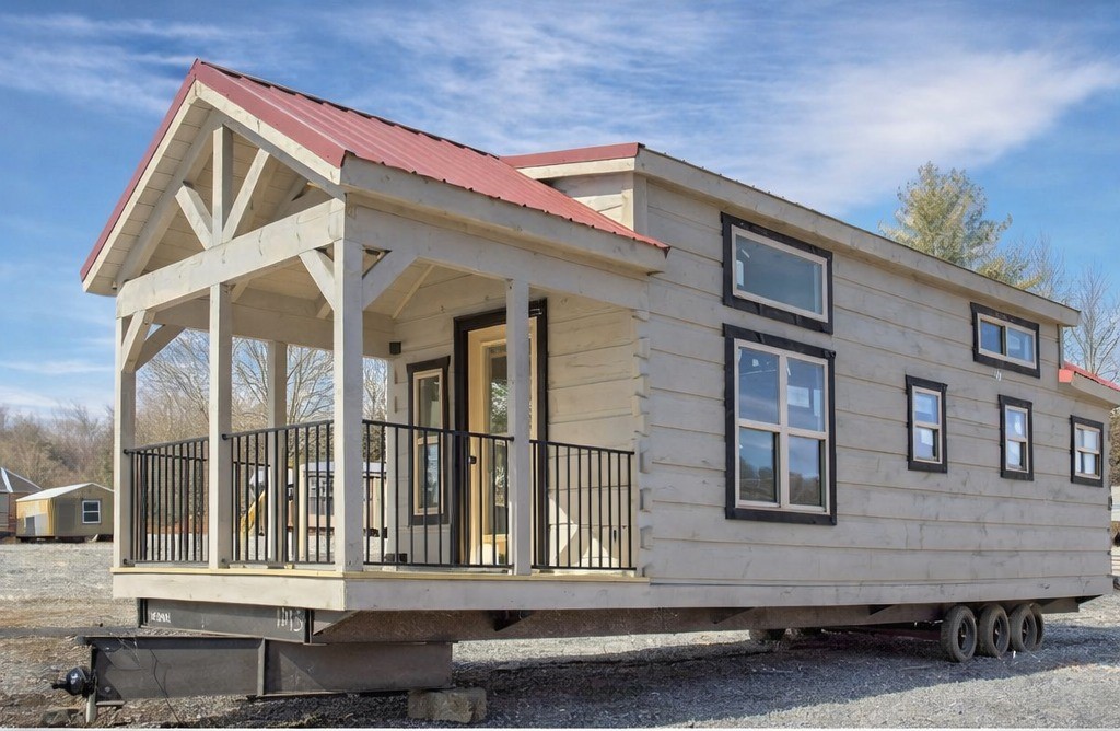 A beige tiny house with a red gabled roof on wheels. It features a small porch with black railings, multiple windows, and a bright, sunny sky background.