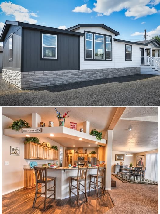 Exterior view of a modern home with dark wood and white siding, stone accents, and a small porch. Interior features a cozy kitchen and dining area, warm lighting, and decorative plants, creating a welcoming ambiance.