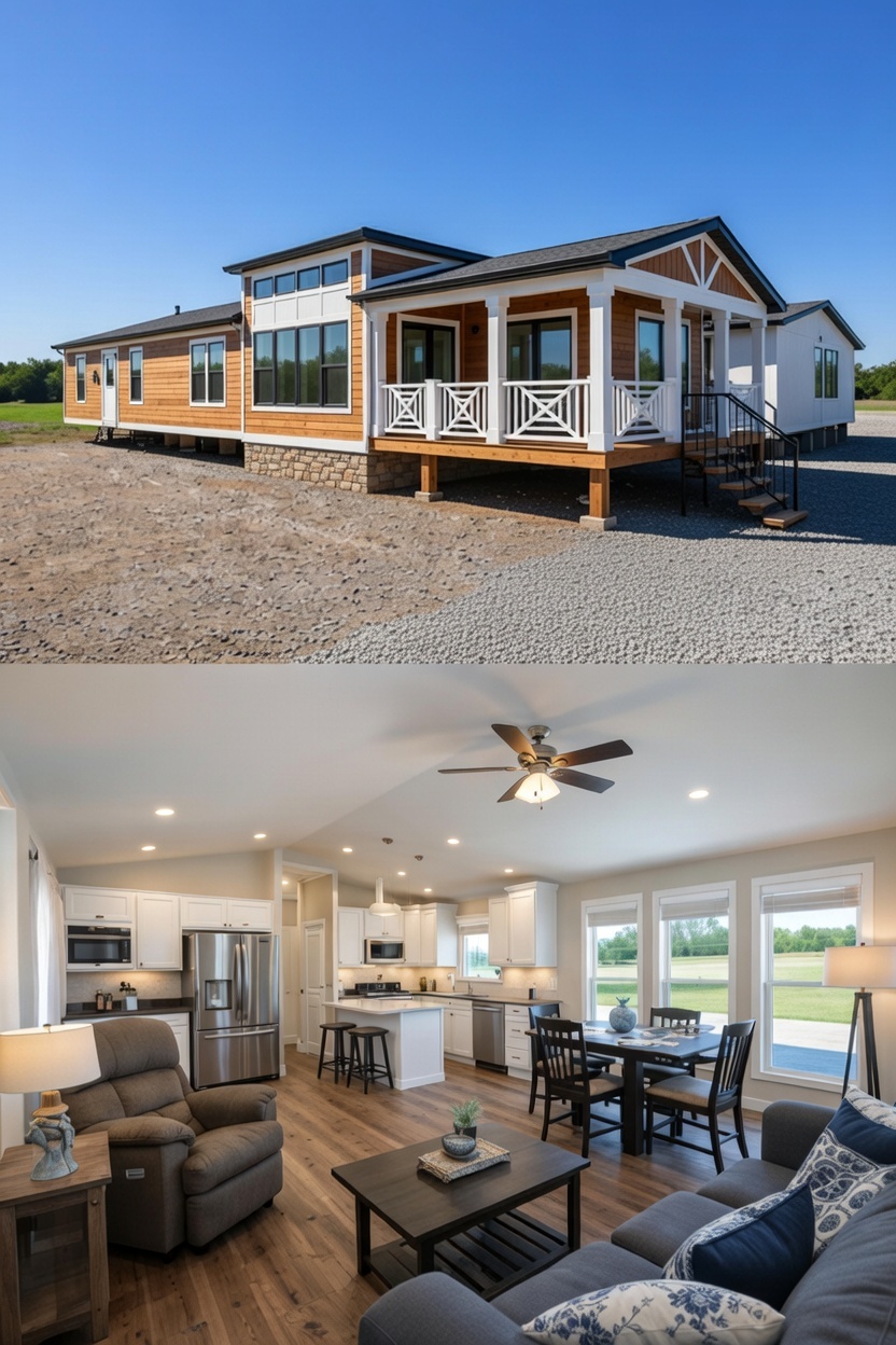 A modern modular home with a small front porch under a clear blue sky. The interior is bright, featuring a cozy open-plan kitchen and living room with wood floors.