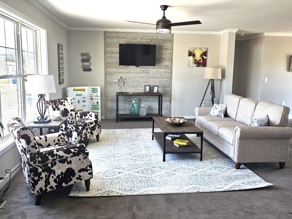 Bright living room with a gray sofa, cow-print chairs, and a wooden coffee table on a light patterned rug. A TV is mounted above a console table.