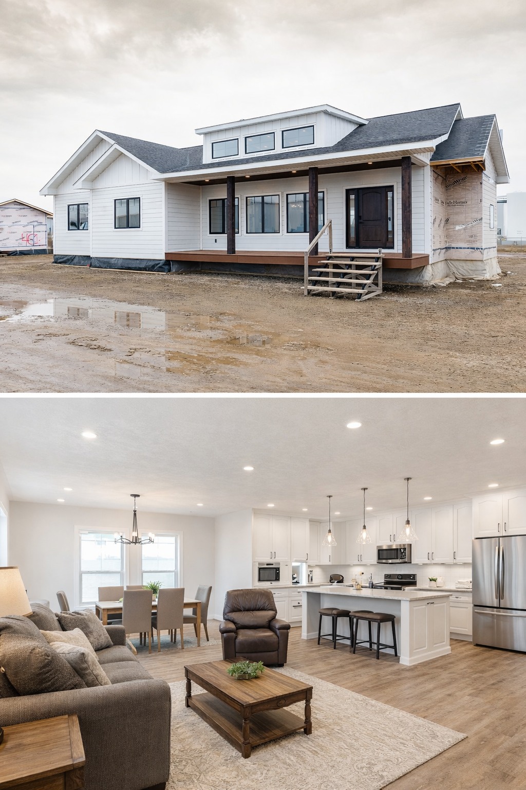 This comprehensive image gallery highlights a variety of luxury housing solutions, including modern farmhouse tiny homes, park models, and large manufactured residences. The exteriors feature high-contrast color palettes, such as white board-and-batten siding paired with dark charcoal gables or full grey siding with natural wood accents. Key architectural details include gabled front porches with substantial support pillars, durable roofing, and large windows that invite natural light.