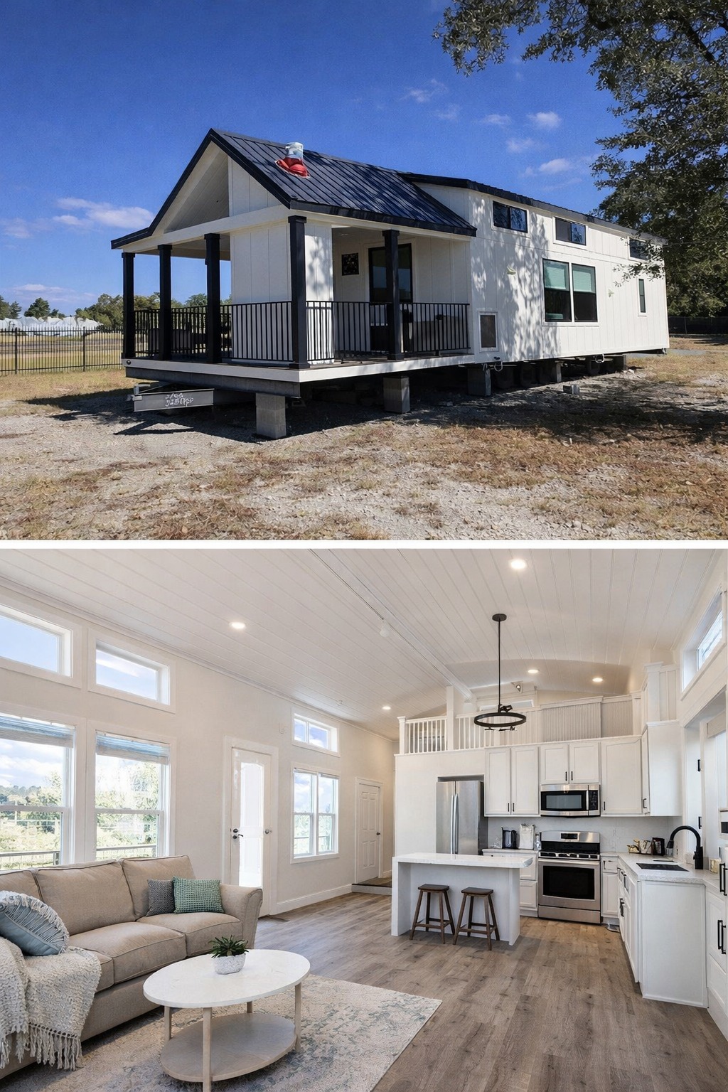 Top image shows a modern tiny house with a black roof and porch, set on a grassy lot against a clear blue sky. Bottom image reveals a bright, open interior with white walls, a cozy sitting area, and a sleek kitchen, conveying warmth and simplicity.