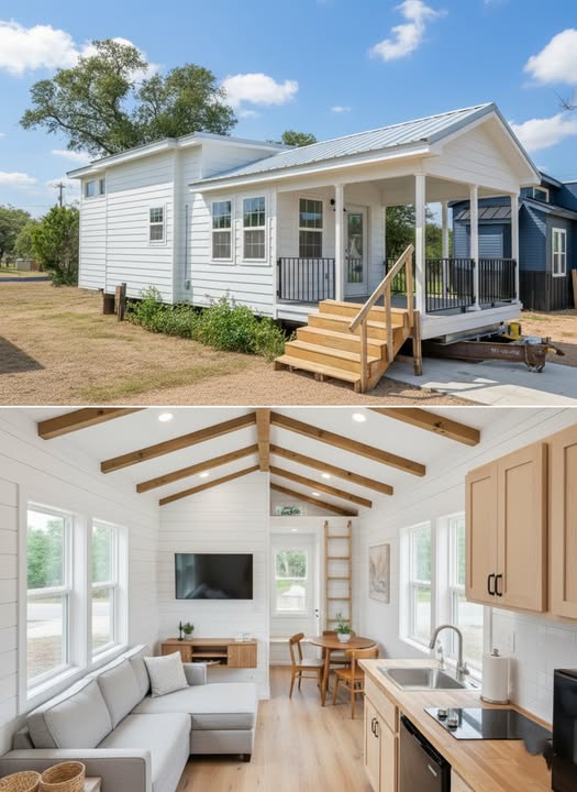 A small white house with a porch and steps, set under a sunny sky with trees nearby. Inside, a cozy room features a sofa, kitchen, and dining area with warm wood accents.