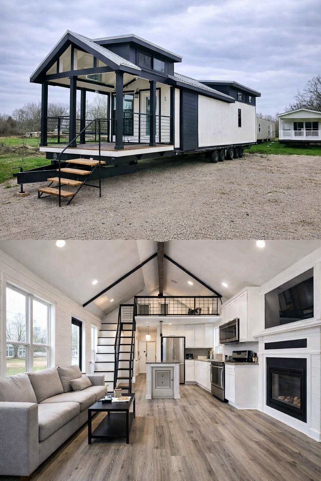 Exterior of a modern tiny house on wheels with a porch featuring black and white panels. Interior has cozy living space, sofa, kitchen, loft, and fireplace.