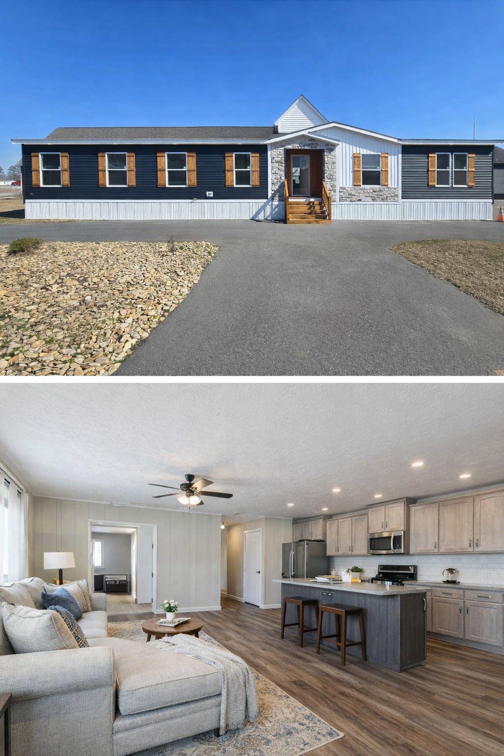 A modern single-story house exterior with dark siding, wood shutters, and a stone feature wall. Inside, an open plan living room and kitchen with neutral decor, wood floors, and a cozy atmosphere.