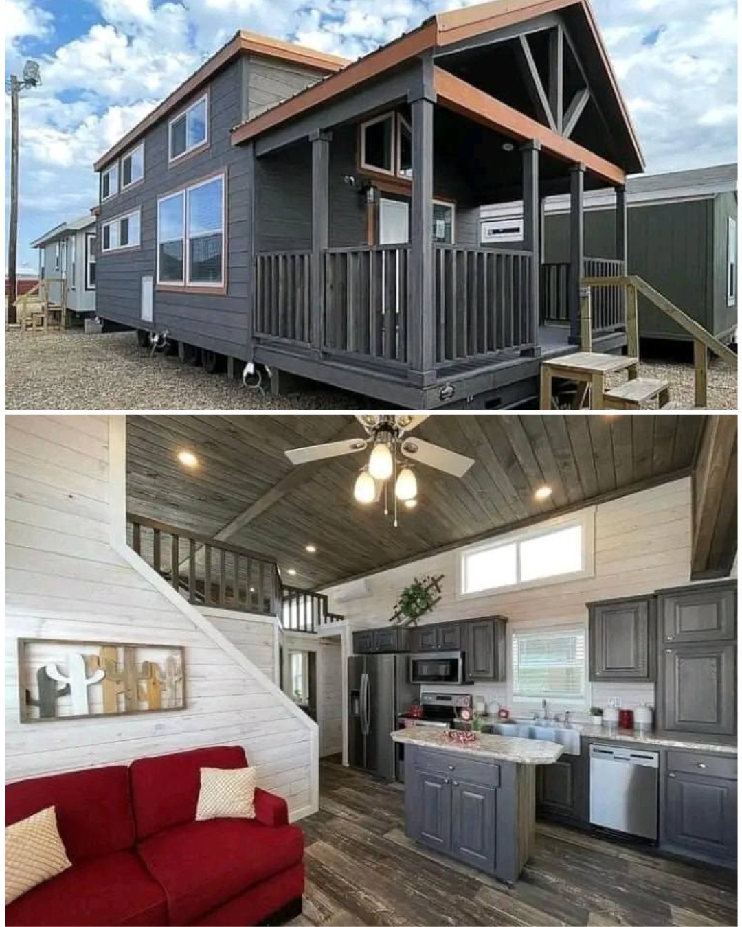 A modern tiny house in gray with a small porch and pitched roof. Inside, an open kitchen-living area features dark cabinets, a red sofa, and vaulted ceilings.