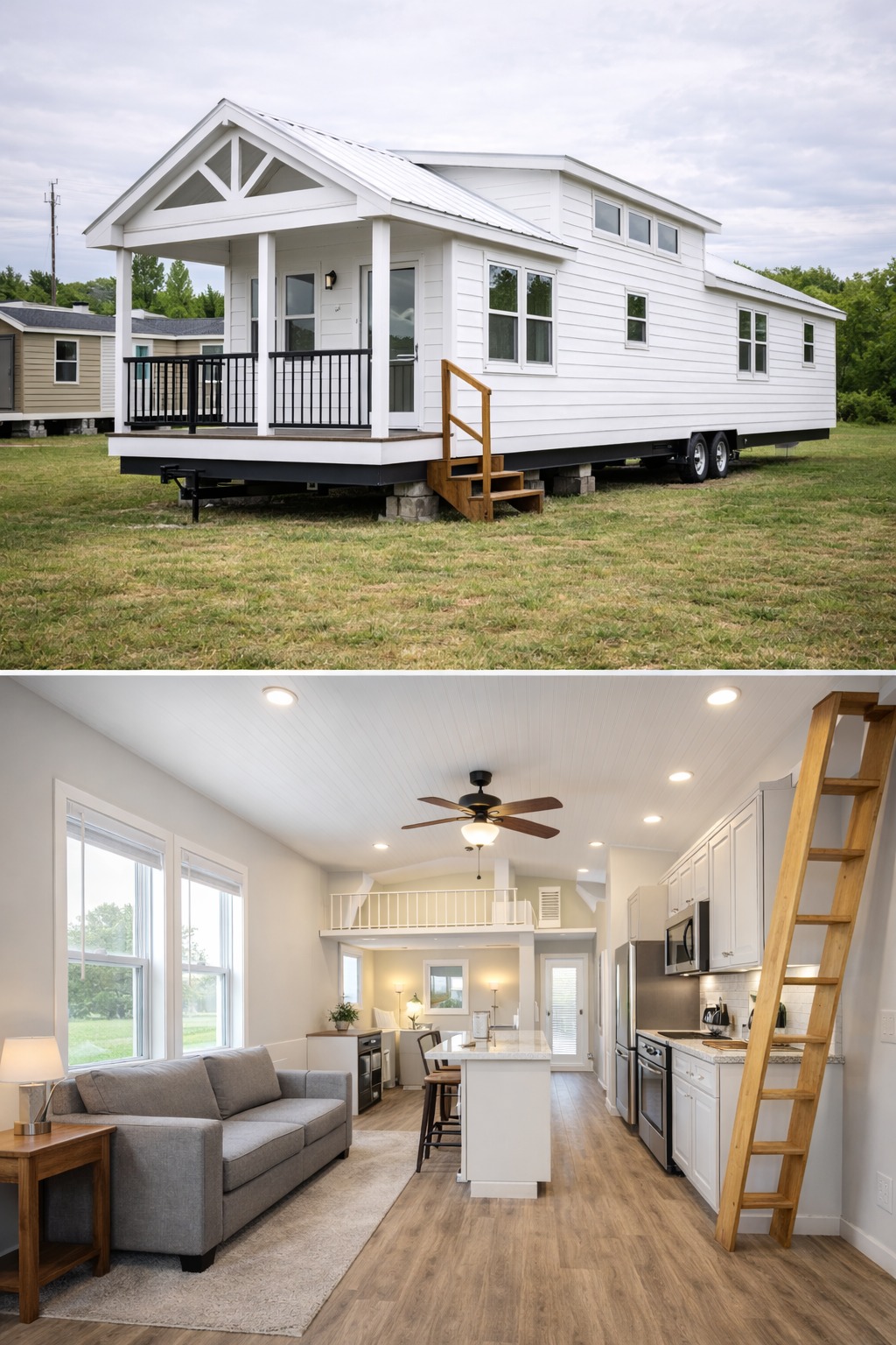 This premium collection of tiny homes and park models features the "Boujee XL" aesthetic, showcasing modern farmhouse and rustic lodge exterior designs paired with upscale, high-fidelity interiors. Exterior highlights include a white board-and-batten tiny home with a gabled porch and black metal railings, and a rustic log-cabin style home featuring natural wood siding and a green metal roof. The interiors emphasize a luxury lifestyle with vaulted ceilings, exposed wood beams, and crisp white shiplap walls. Gourmet kitchen layouts range from contemporary white cabinetry with marble-look countertops and stainless steel appliances to rustic-modern styles featuring grey cabinetry, farmhouse sinks, and weathered wood islands. Functional luxury is integrated throughout the open-concept living areas, which include wide-plank wood-look flooring, industrial-style ceiling fans, integrated lofted sleeping quarters with wooden ladders or black metal balustrades, and bright interiors with large windows that provide abundant natural light.