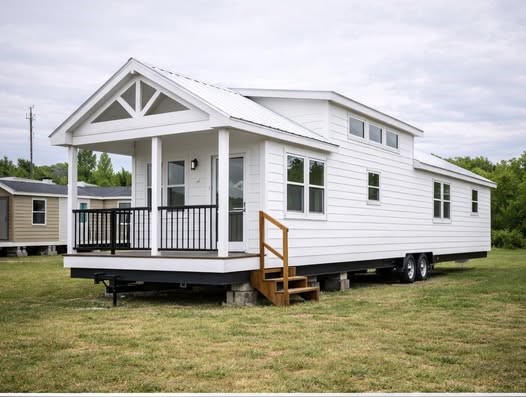 This extensive residential collection features premium tiny homes, park models, and manufactured homes, showcasing the signature "The Boujee XL" aesthetic that blends farmhouse charm with modern luxury. Exterior designs highlight white and cream board-and-batten siding with gabled porches, black-pillared entryways, and sleek metal roofs, as well as a rustic log-cabin style model with natural wood siding and a green metal roof. The interiors emphasize an upscale "boujee" lifestyle, featuring vaulted ceilings with exposed wood beams, crisp white shiplap walls, and integrated lofted sleeping quarters with modern black metal balustrades. Gourmet kitchens range from rustic wood cabinetry with warm stone backsplashes and white appliances to contemporary grey-toned spaces with stainless steel farmhouse sinks, butcher-block style islands, and minimalist breakfast nooks. Functional luxury is evident throughout with wide-plank wood-look flooring, industrial-style ceiling fans, large transom windows for natural light, and spa-inspired bathrooms featuring walk-in marble-patterned tile showers.