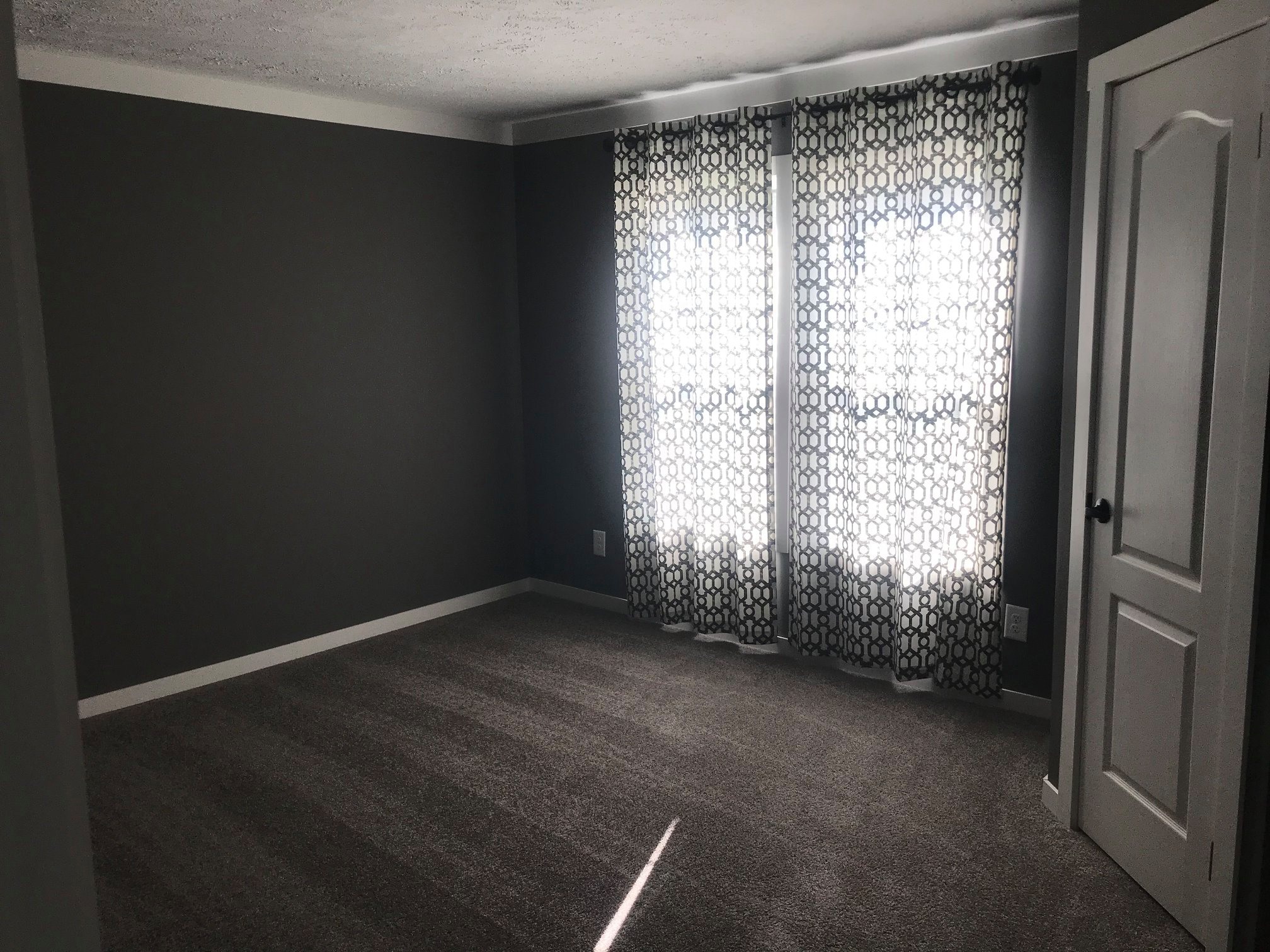An empty room with gray walls and carpet, featuring two windows with patterned curtains, allowing soft light to filter in, creating a calm ambiance.
