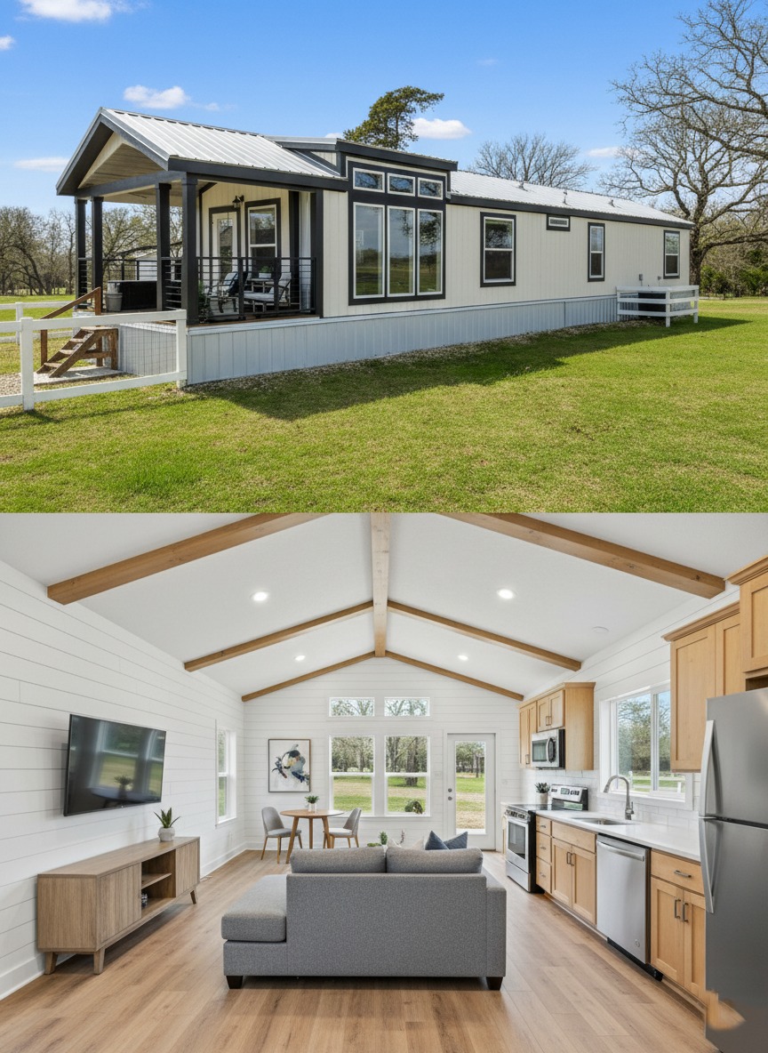 This comprehensive collection of luxury residential properties showcases a diverse range of modern manufactured homes, tiny homes, and park models, including the signature "The Boujee XL" aesthetic. Exterior designs feature a modern farmhouse with cream-colored board-and-batten siding, a white metal roof, and black-pillared front porch, alongside a rustic park model with natural log-cabin siding, a green metal roof, and an expansive elevated wooden deck. The interiors highlight a "modern boujee" lifestyle with high-end finishes such as vaulted ceilings with exposed wood beams, white shiplap walls, and pine-paneled accents. Gourmet kitchen layouts vary from rustic wood cabinetry with stone-look countertops and white appliances to striking high-contrast spaces featuring deep navy blue cabinetry, marble-look countertops, and multi-tone stone tile backsplashes. Functional luxury is consistent throughout the open-concept living areas, which include light wood-look flooring, industrial-style recessed lighting, integrated lofted sleeping areas with wooden balustrades, and bright interiors with large windows that emphasize natural light.