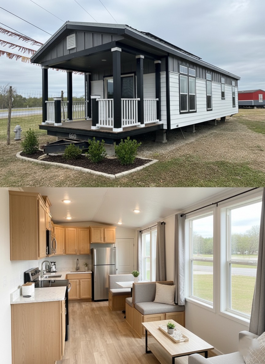 This collection of premium tiny homes and manufactured units showcases the "Boujee XL" series, blending modern farmhouse aesthetics with luxury functional design. The exteriors feature crisp white or cream board-and-batten siding complemented by black pillars, gabled front porches, and durable metal roofing in white or charcoal. Inside, the open-concept living spaces are defined by vaulted ceilings with exposed natural wood beams, white shiplap walls, and wide-plank wood-look flooring. Gourmet kitchens are equipped with high-end finishes including shaker-style cabinetry in wood or grey tones, stainless steel farmhouse sinks, marble-look countertops, and built-in breakfast nooks or islands. Additional luxury features include integrated lofted sleeping quarters accessed by wooden ladders, industrial-style ceiling fans, and spa-like bathrooms with walk-in tile showers.