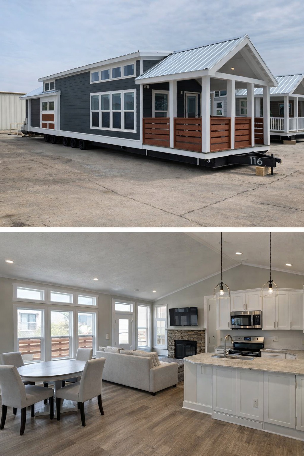 Exterior view of a modern tiny house with gray siding and white trim, featuring a covered porch. Interior shows a bright, cozy living space with a kitchen, dining table, and sofa, enhanced by large windows.