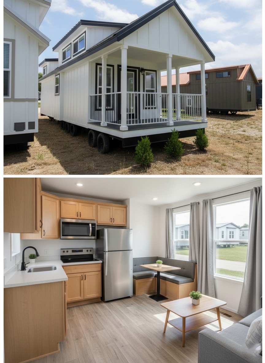 This comprehensive collection of luxury tiny homes, park models, and manufactured homes highlights the signature "The Boujee XL" aesthetic, blending rustic charm with high-end modern finishes. Exterior architectural styles feature cream-colored board-and-batten siding with white metal roofs and black-pillared porches, as well as a rustic log-sided cabin model with a green metal roof and a spacious gabled front porch. The interiors emphasize a "modern boujee" lifestyle, showcasing vaulted ceilings with exposed natural wood beams, white shiplap walls, and integrated lofted sleeping areas with black metal or wooden railings. Kitchen designs offer a range of styles, from rustic wood cabinetry with stone-look countertops to sophisticated grey-toned cabinetry with stainless steel farmhouse sinks and distressed wood islands. Functional luxury is consistent throughout the open-concept living spaces, featuring wide-plank wood-look flooring, industrial-style ceiling fans, spa-like bathrooms with walk-in tile showers, and large transom windows that flood the rooms with natural light.