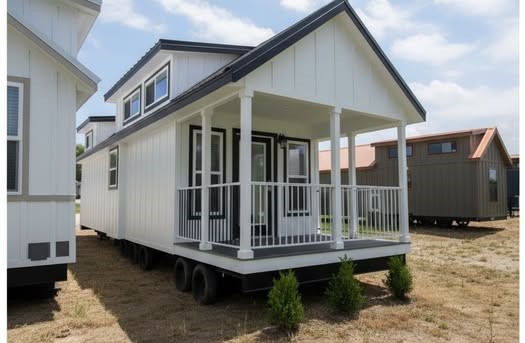 ALT TEXT This comprehensive collection of luxury residential properties showcases a diverse range of modern manufactured homes, tiny homes, and park models, including the signature "The Boujee XL" aesthetic. Exterior designs feature a modern farmhouse with cream-colored board-and-batten siding, a white metal roof, and a black-pillared front porch, a white board-and-batten model with matching white porch railings, and a rustic park model with natural log-cabin siding, a green metal roof, and an expansive elevated wooden deck. The interiors highlight a "modern boujee" lifestyle with high-end finishes such as vaulted ceilings with exposed wood beams, white shiplap walls, and natural pine-paneled accents. Gourmet kitchen layouts vary from rustic wood cabinetry with stone-look countertops and white appliances to striking high-contrast spaces featuring deep navy blue cabinetry, marble-look countertops, and multi-tone stone tile backsplashes. Functional luxury is consistent throughout the open-concept living areas, which include wood-look flooring, industrial-style lighting, integrated lofted sleeping areas with wooden balustrades, and bright interiors with large windows that emphasize natural light.