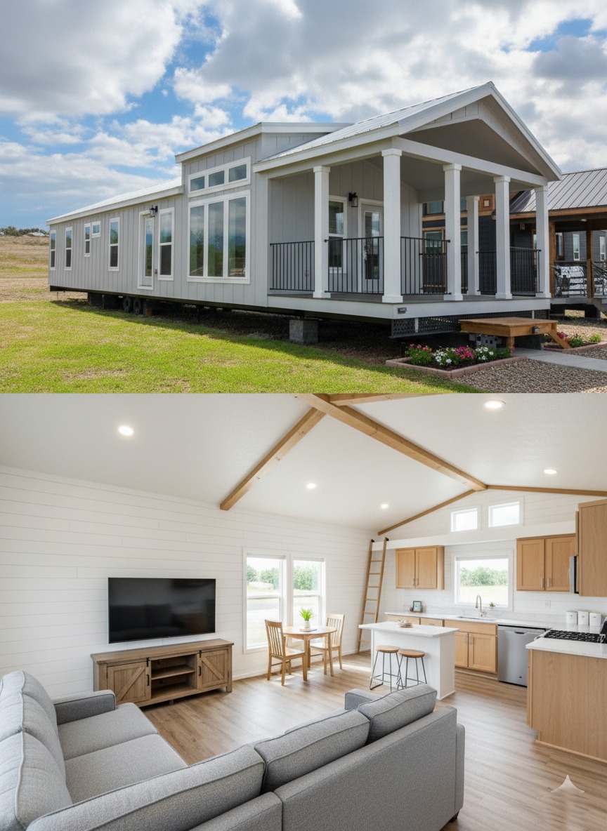 Luxury manufactured home showcase featuring the expansive "The Boujee XL" 4-to-5 bedroom floor plan alongside modern park model designs. Exterior options include a sleek white and charcoal double-wide with a modern entry and a grey board-and-batten tiny home with a grand pillared front porch. Interior highlights feature a massive open-concept living area with an integrated electric fireplace, grey shiplap accent walls, and rustic wood ceiling beams. The gourmet kitchen boasts an oversized charcoal island with an "X" brace detail, farmhouse-style cabinetry, and high-end stainless steel appliances. Spa-inspired primary bathrooms include a walk-in tile shower with black matte trim, a freestanding soaking tub with a marble-look surround, and a double vanity with LED-mirrored lighting. Additional details include a primary suite with a bold black accent wall and cowhide rug, a custom laundry utility room with marble-look countertops, and a cozy second family room perfect for large families.