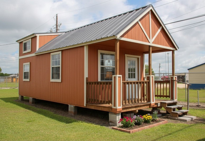A small, orange, wooden tiny house with a gabled metal roof sits on a grassy lawn. It has a front porch with flowers, exuding a cozy, inviting feel.