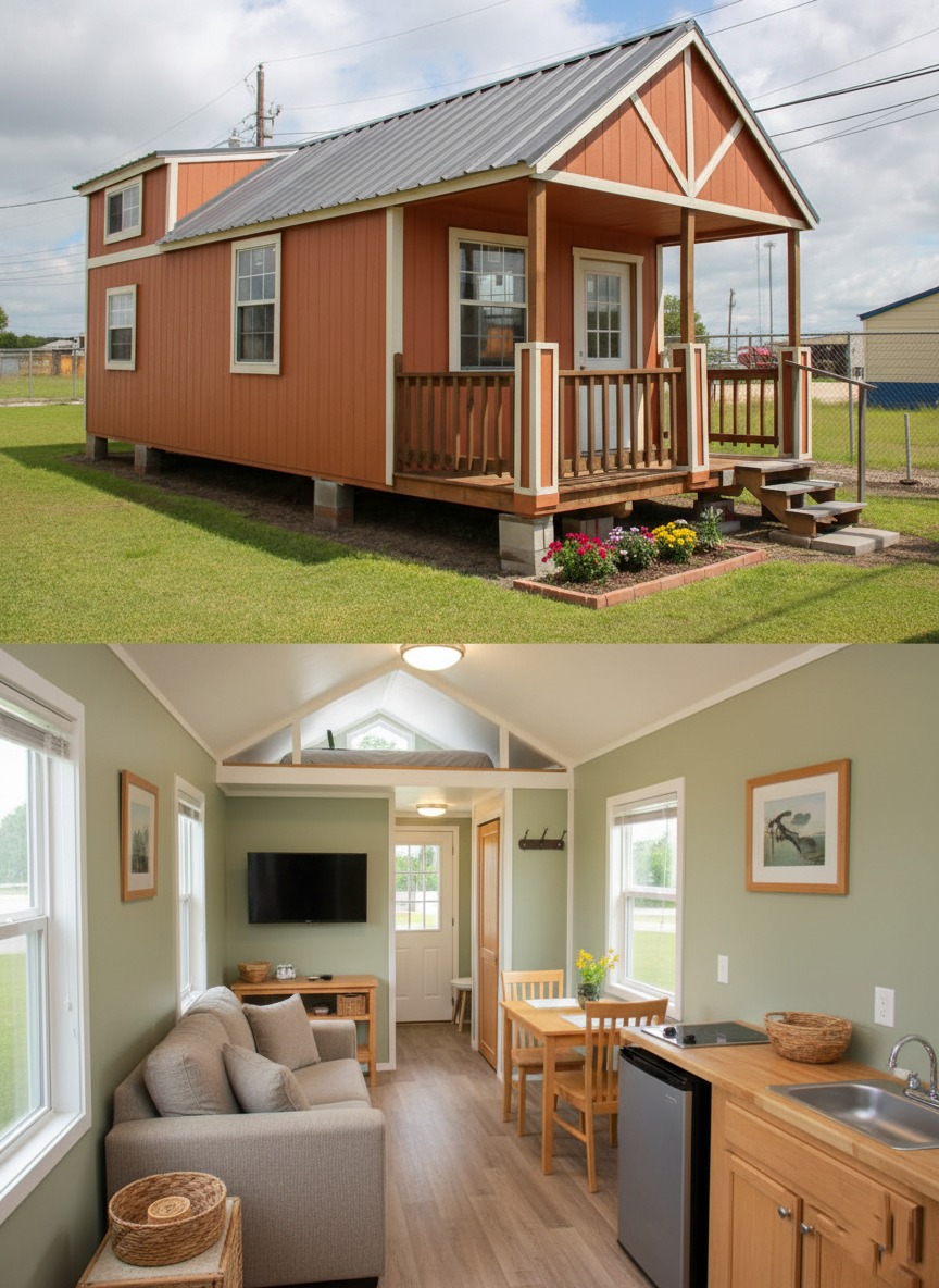 A cozy tiny house with a red exterior, a porch adorned with flowers. The interior shows a compact, well-lit living area with a sofa, TV, kitchenette, and dining table.