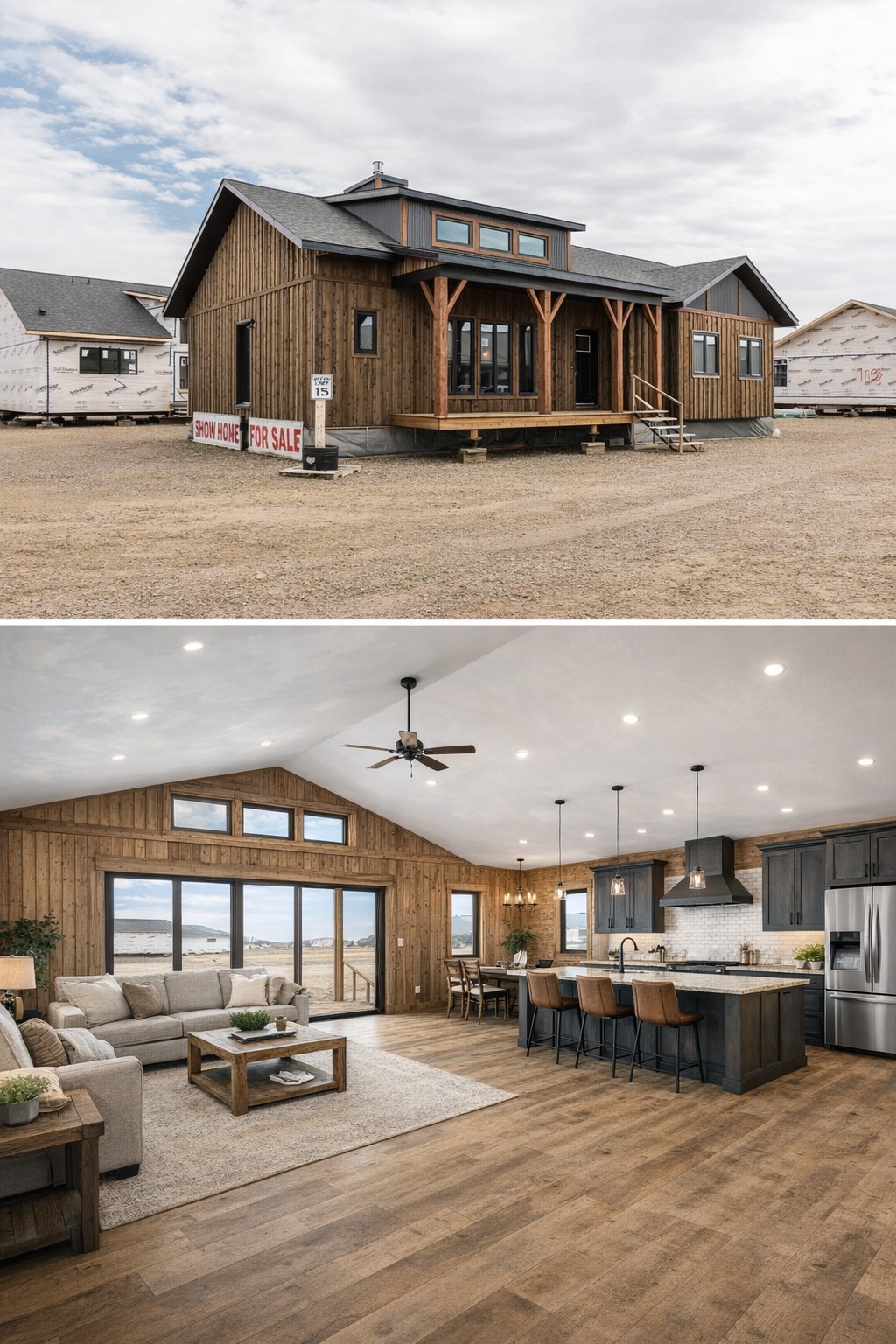 Brown wooden house for sale on dirt lot; features large windows and a small porch. Interior showcases an open-plan living area, kitchen island, and cozy decor.