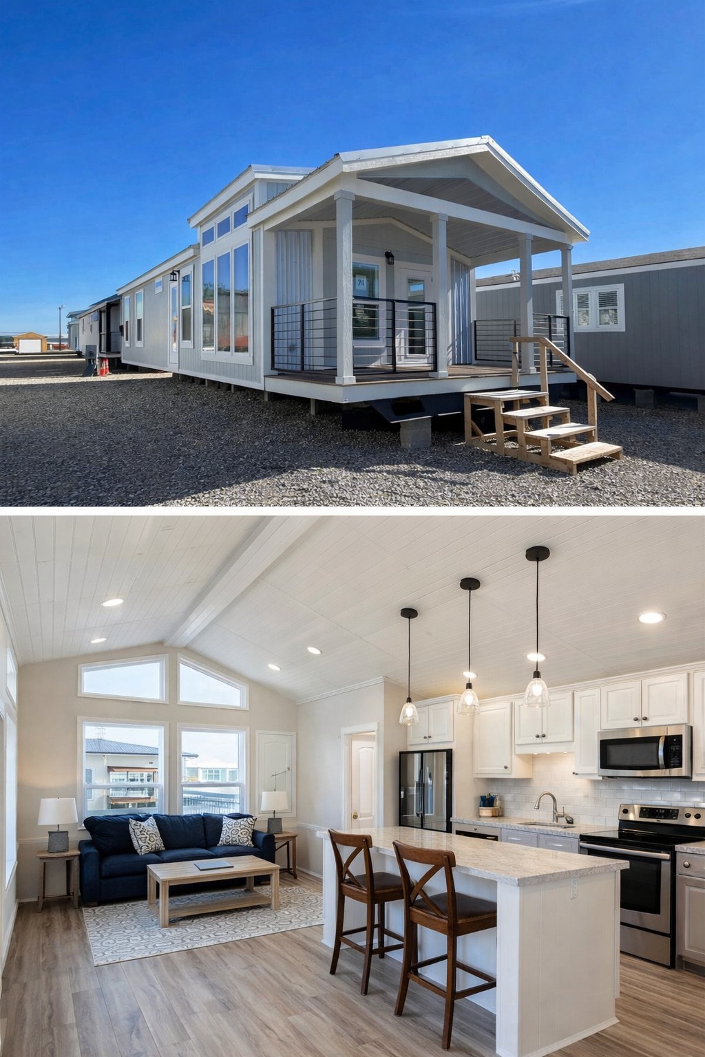 Exterior view of a modern mobile home with a small porch under a clear blue sky. Interior shows a bright, open-plan living area with a kitchen, cozy seating, and sleek decor.