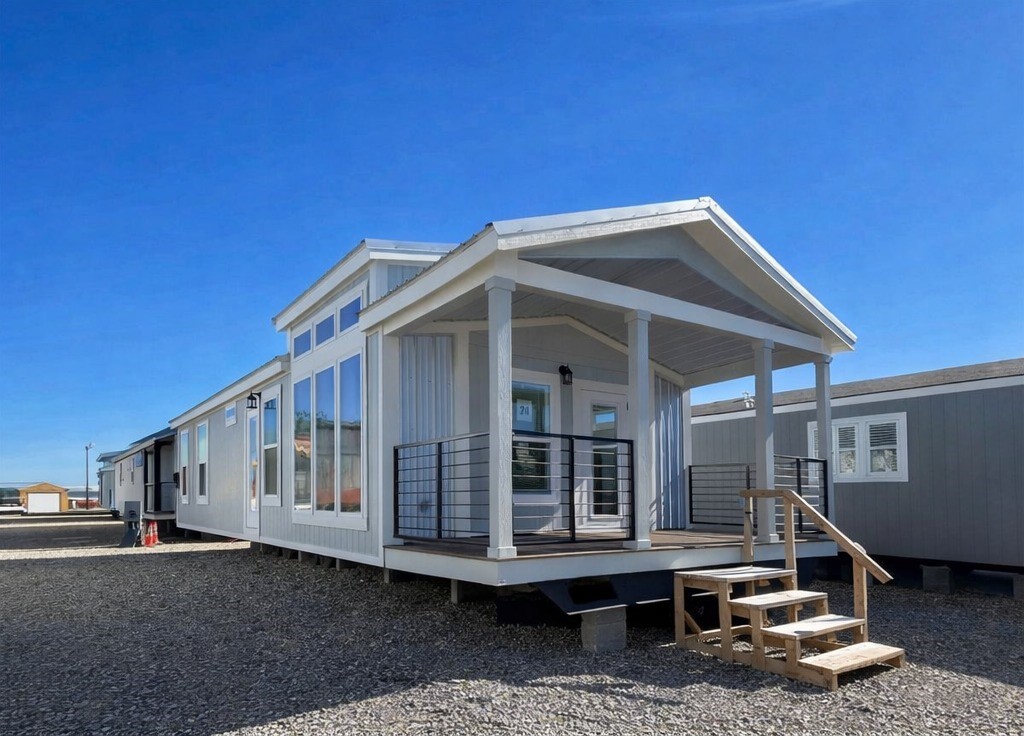 Modern mobile home with a large porch, tall windows, and white siding under a clear blue sky. The setting is bright and welcoming.