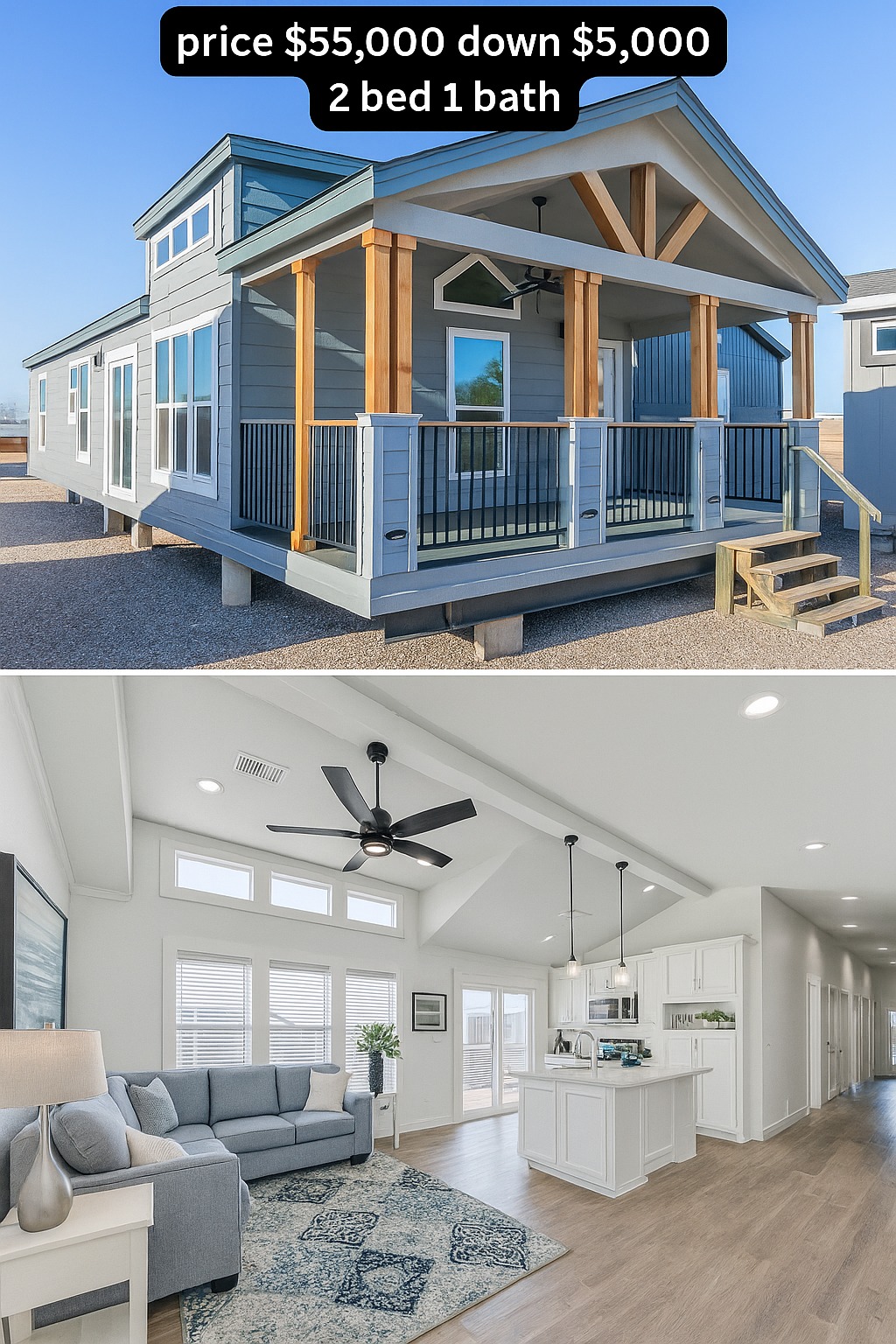 Exterior of a modern tiny house with a spacious porch, priced at $55,000. Interior shows a bright living area with a cozy setup and sleek kitchen.