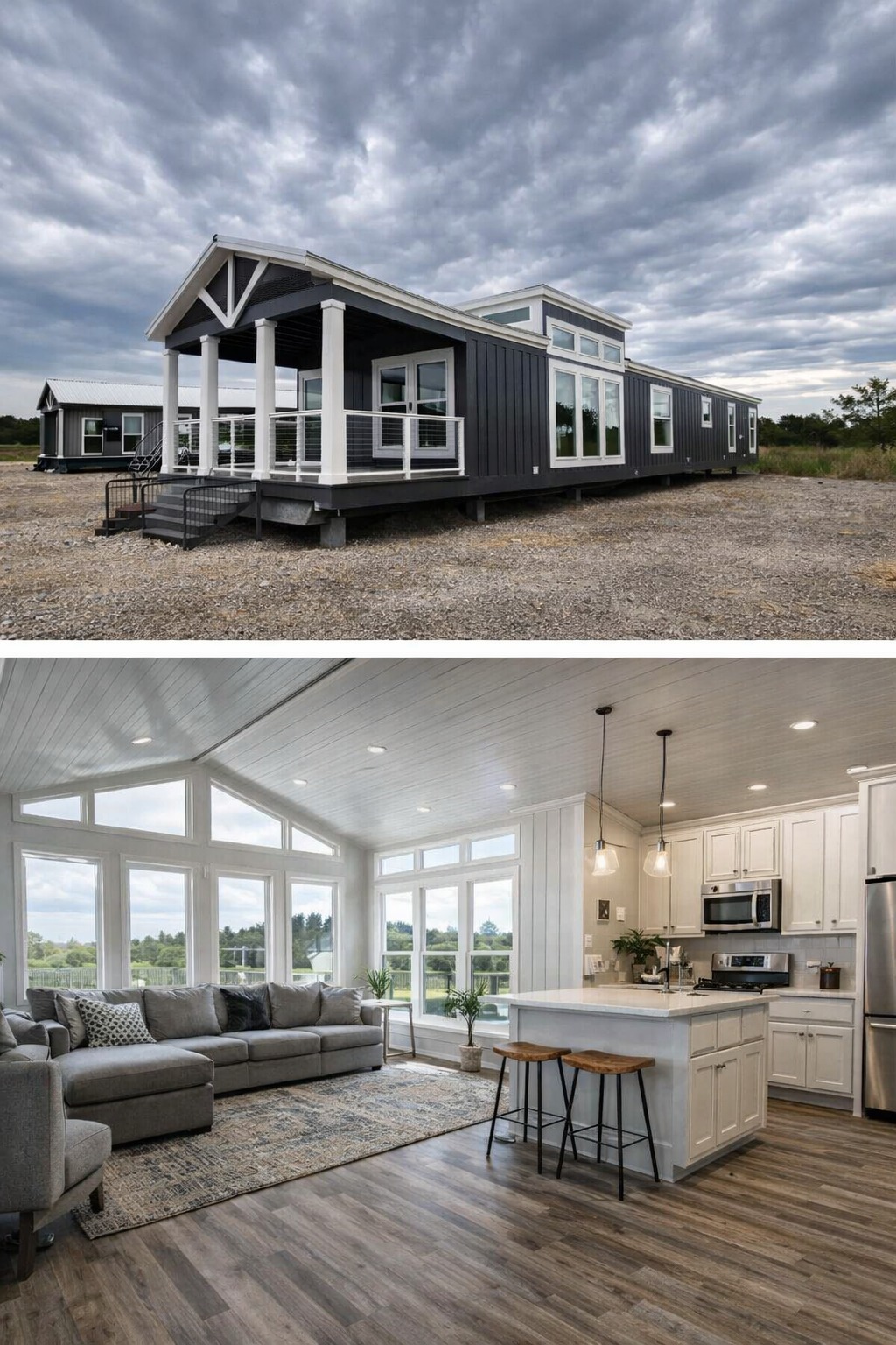 A modern, dark gray modular home under a cloudy sky with large windows. Inside, a bright, open living area features a cozy gray sofa, a rug, a white kitchen with an island, and wooden floors.