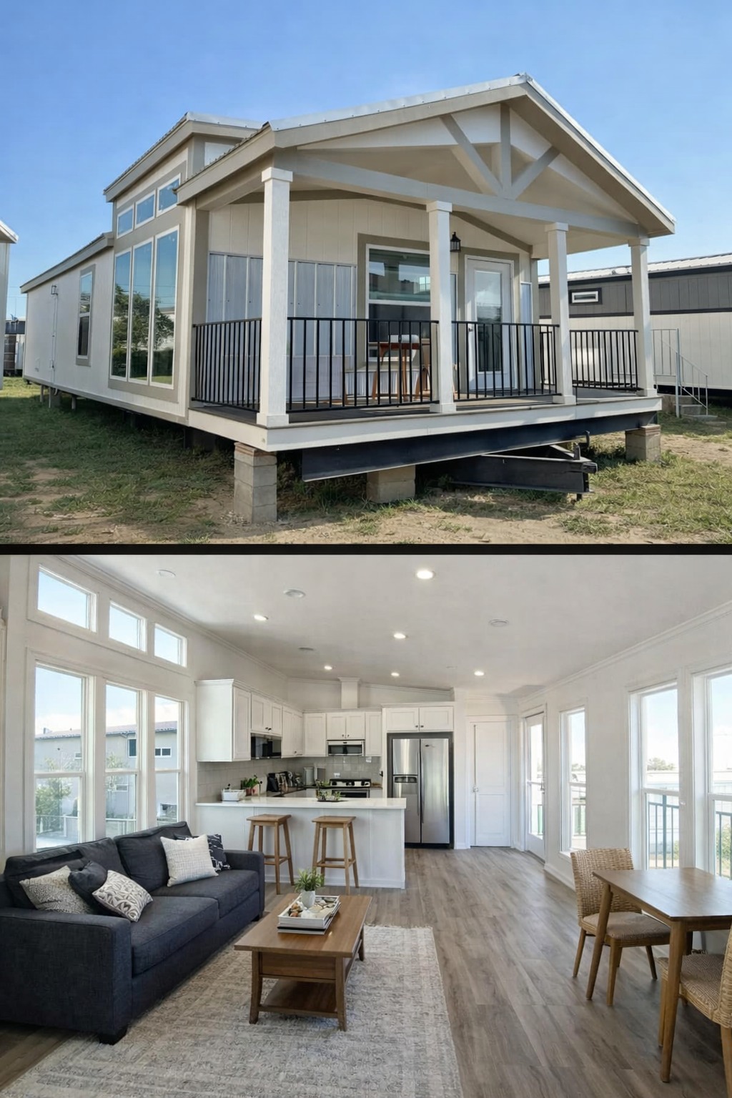 A cozy tiny house with a porch, large windows, and a modern interior. Inside features a sleek kitchen, gray couch, wooden table, and a welcoming atmosphere.