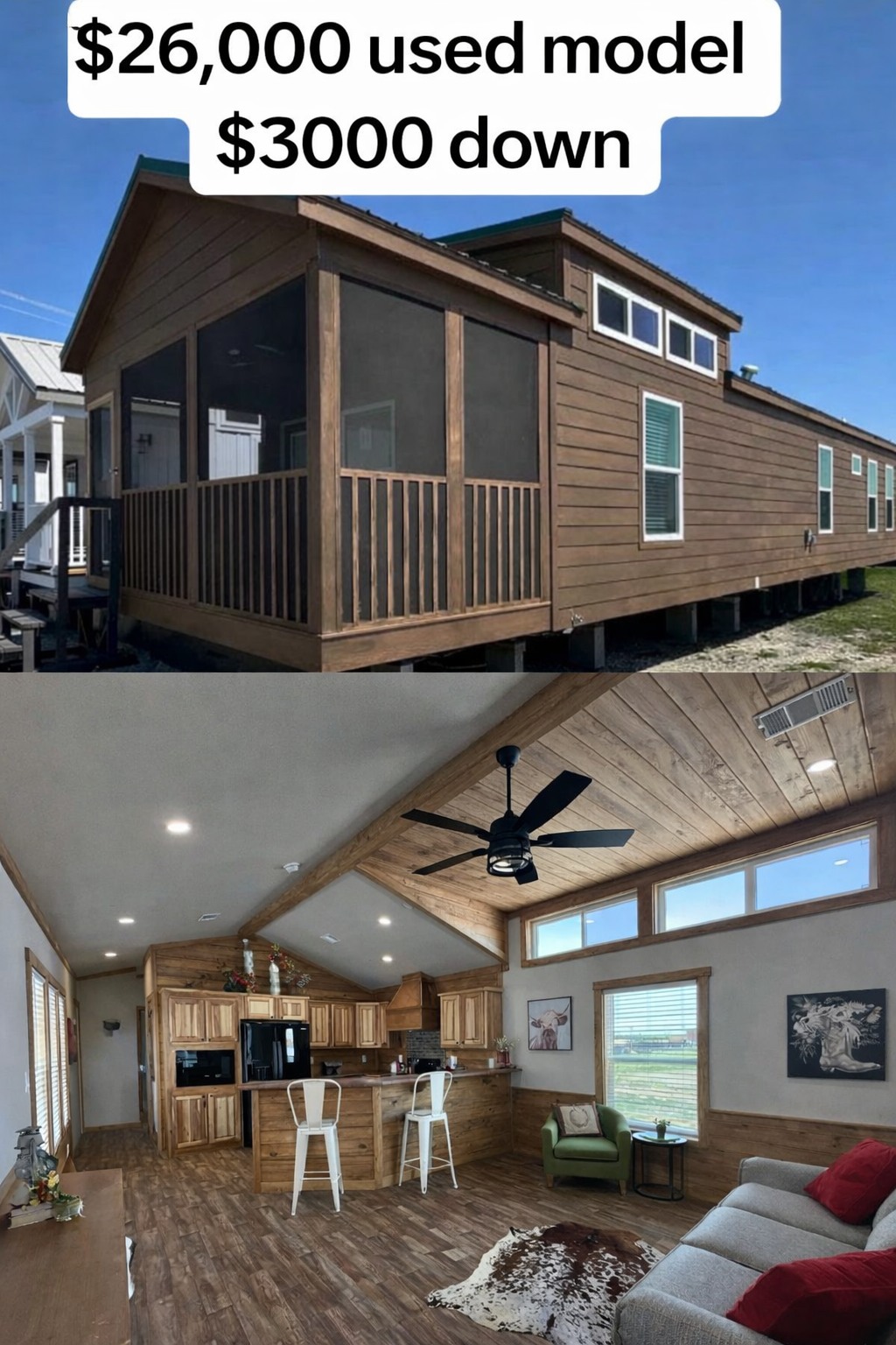 Alt text: "A small, brown wooden house with a screened porch. Interior shows a cozy living space with a rustic kitchen, lofted ceiling, and modern decor. Price tags: $26,000 used model, $3,000 down."