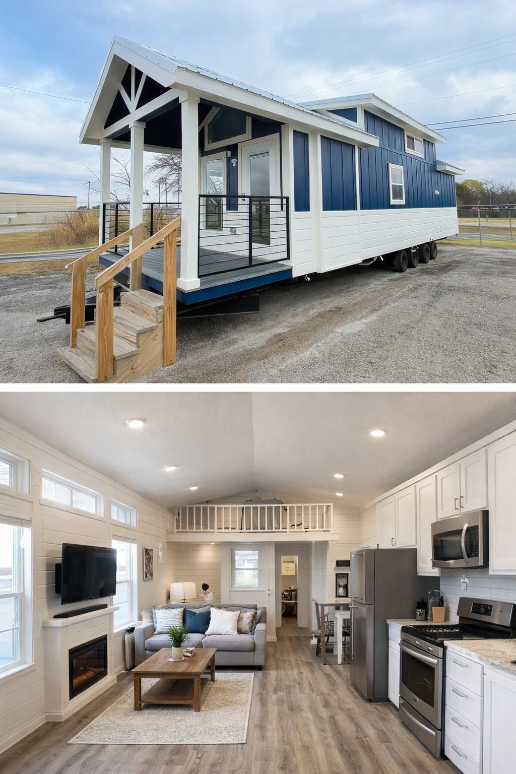A modern tiny house on wheels with blue and white siding sits in a parking lot. Inside, a bright, cozy living space features a kitchen, loft, and living room with wood flooring, conveying warmth and efficiency.