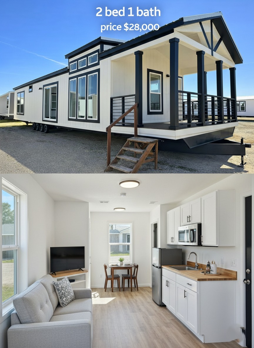 Exterior view of a modern mobile home with a porch, and an interior showcasing a compact, bright living space with a couch, TV, kitchen, and dining table. Price: $28,000.