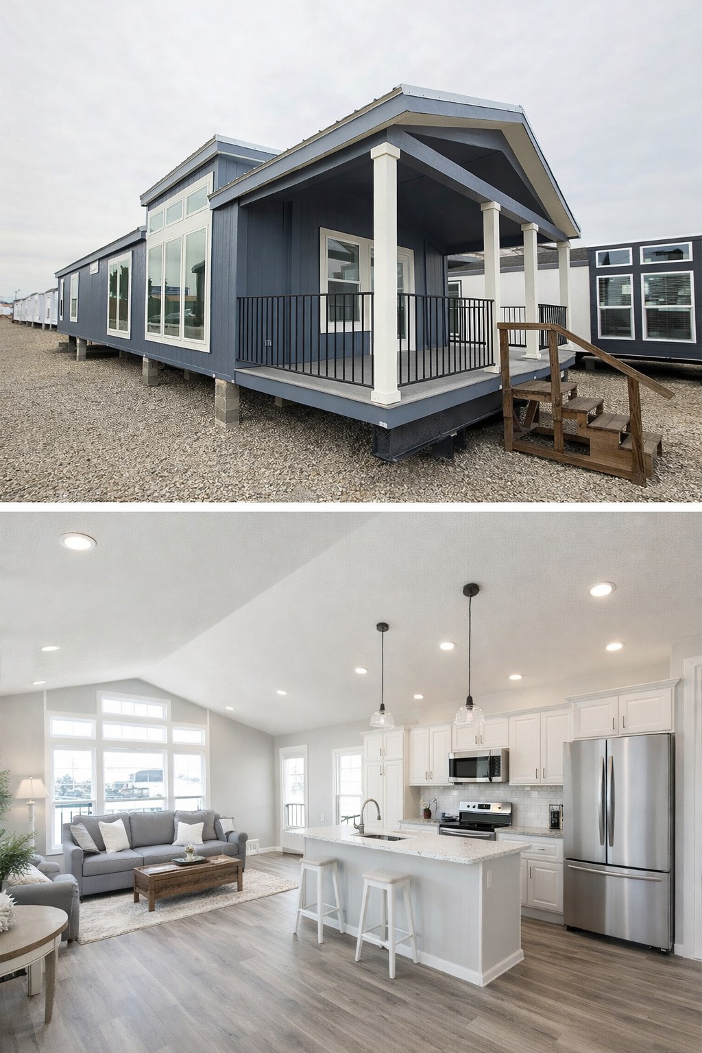 A modern, blue manufactured home with a small porch and large windows stands on gravel. Inside, a bright, spacious living area has a cozy sofa, an elegant kitchen with white cabinets, stainless steel appliances, and a center island.