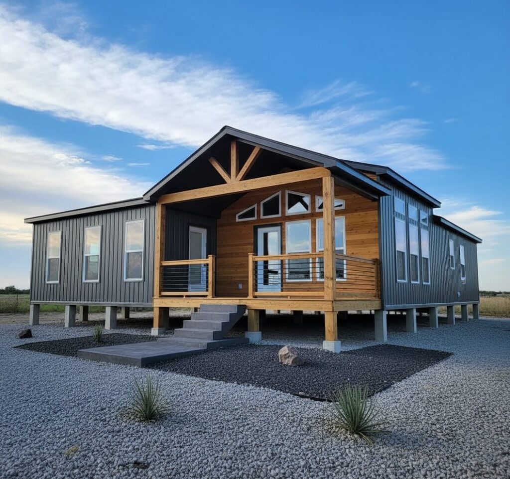 Modern elevated house with wood accents and large windows under a blue sky. Gravel yard and minimal landscaping create a serene atmosphere.